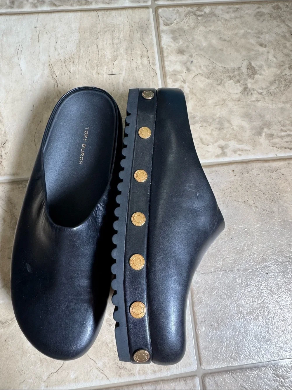 Tory Burch Black Leather Platform Clogs with Gold Studs
